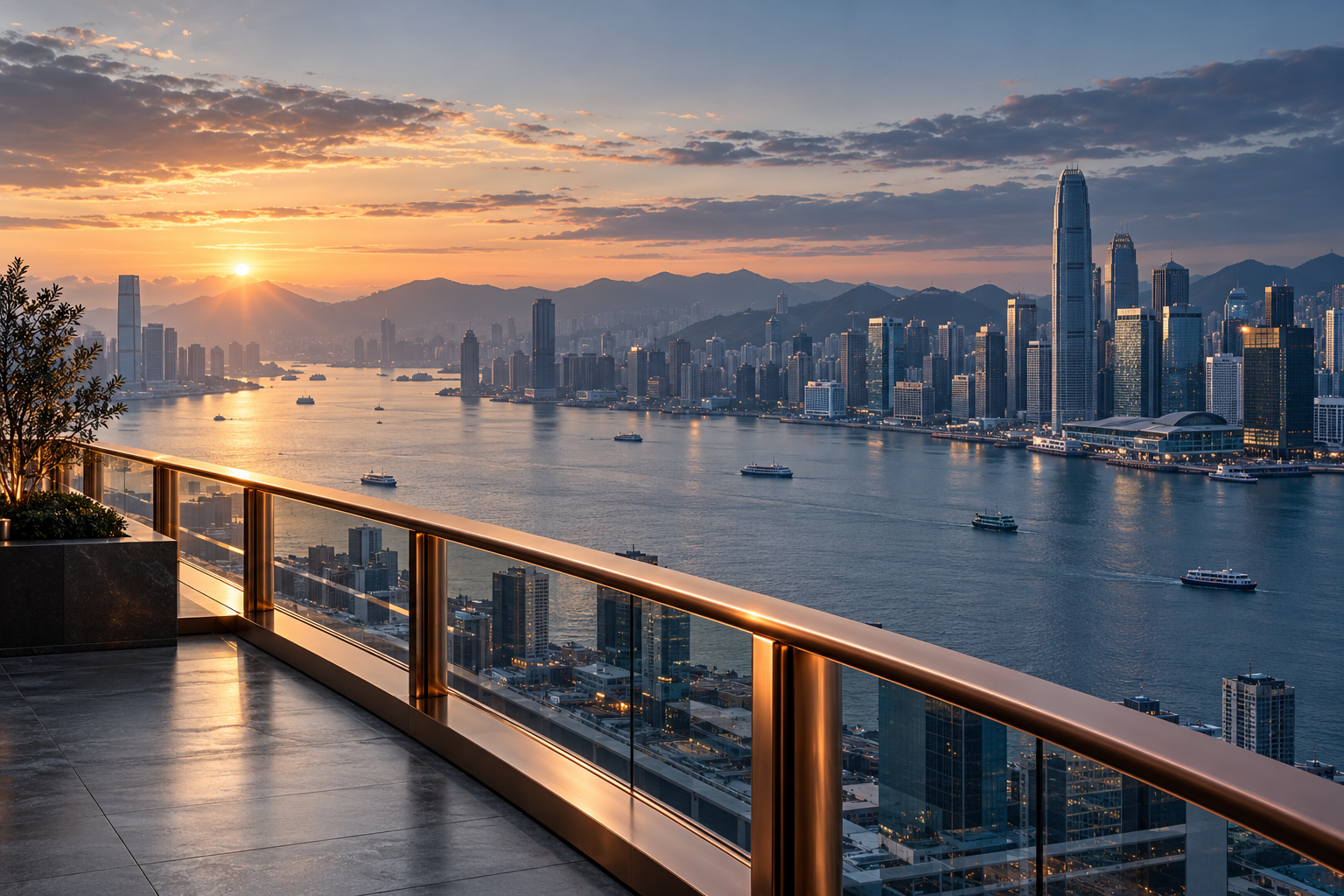 清晨海港与远方的商务楼群